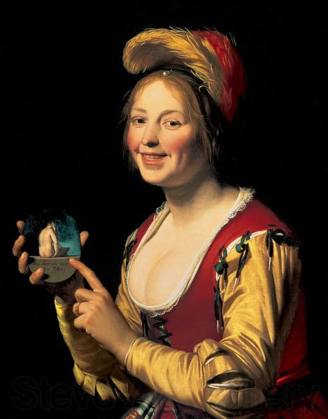 Gerard van Honthorst Smiling Girl, a Courtesan, Holding an Obscene Image Germany oil painting art